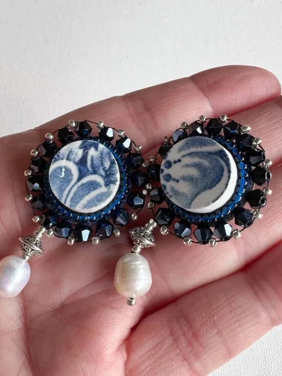 Upcycled Ceramic Pearl Dangle Earrings Blue Statement Studs - Picture 2 of 12